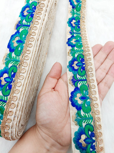 Beige Art Silk Lace Trim in Floral Embroidery, Gold Sequins Embellishments, Decorative Trim